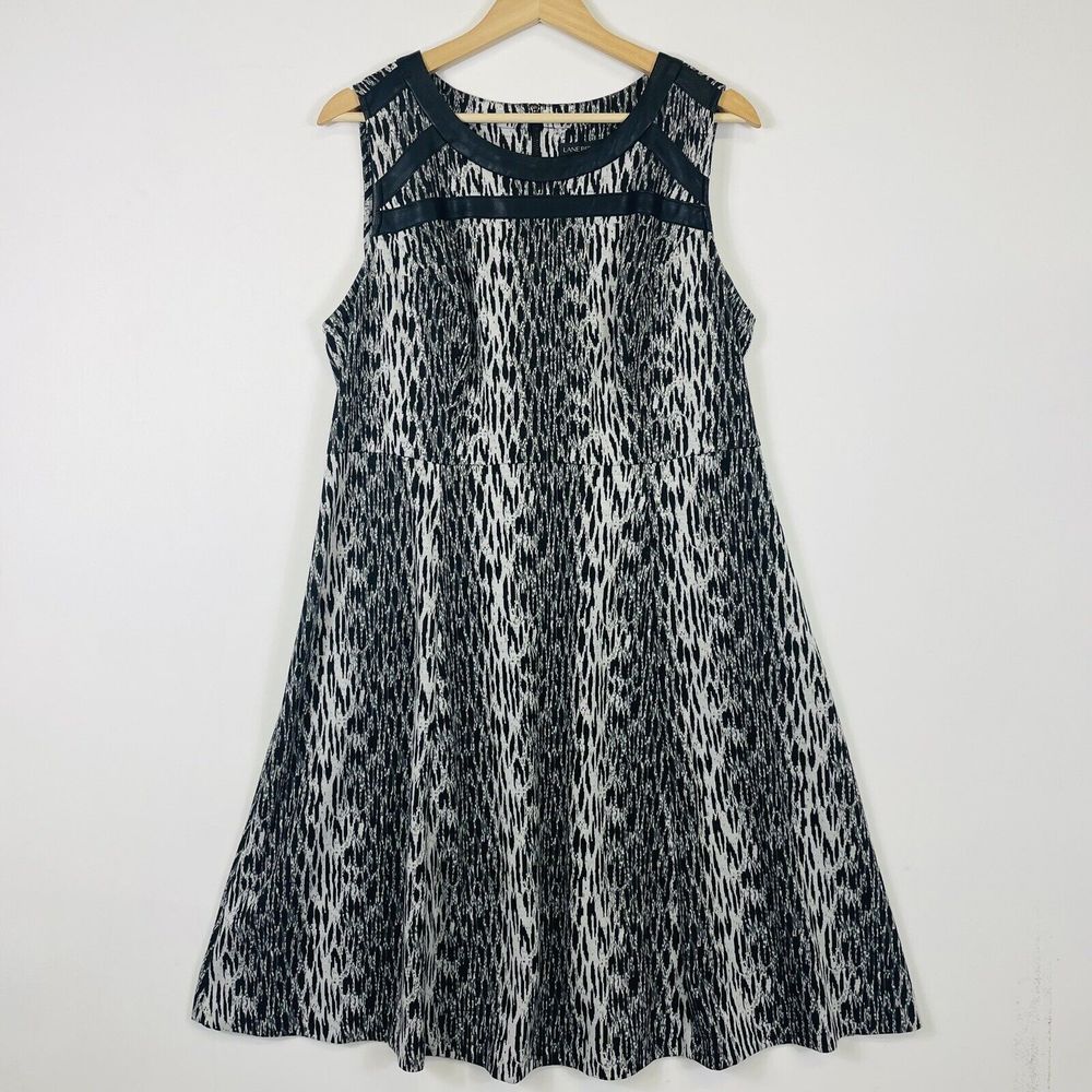 New Lane Bryant Fit Flare Dress Women 16 Black White Faux Leather Trim Edgy Chic